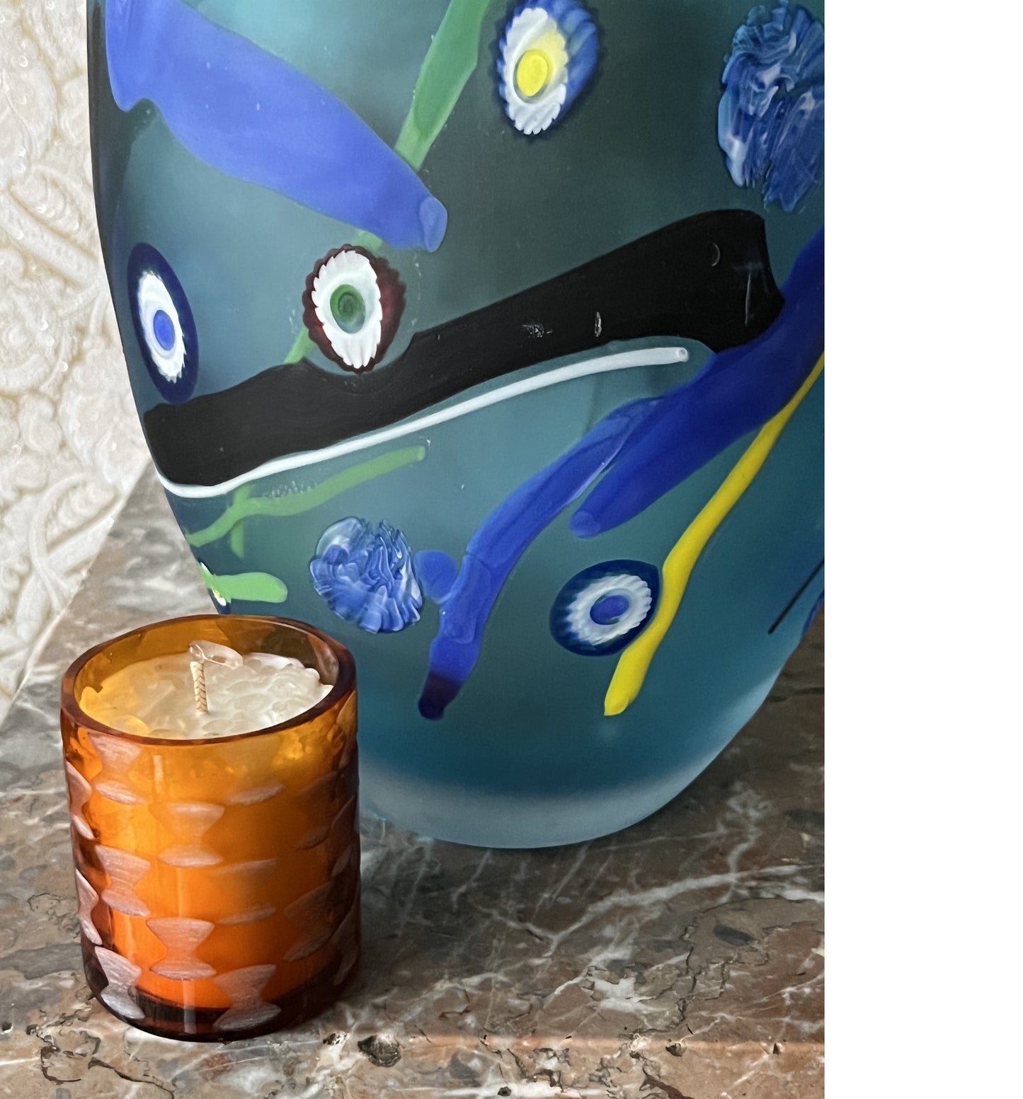 Bougie en verre d'inspiration année 20 faite à la main avec pierres précieuses