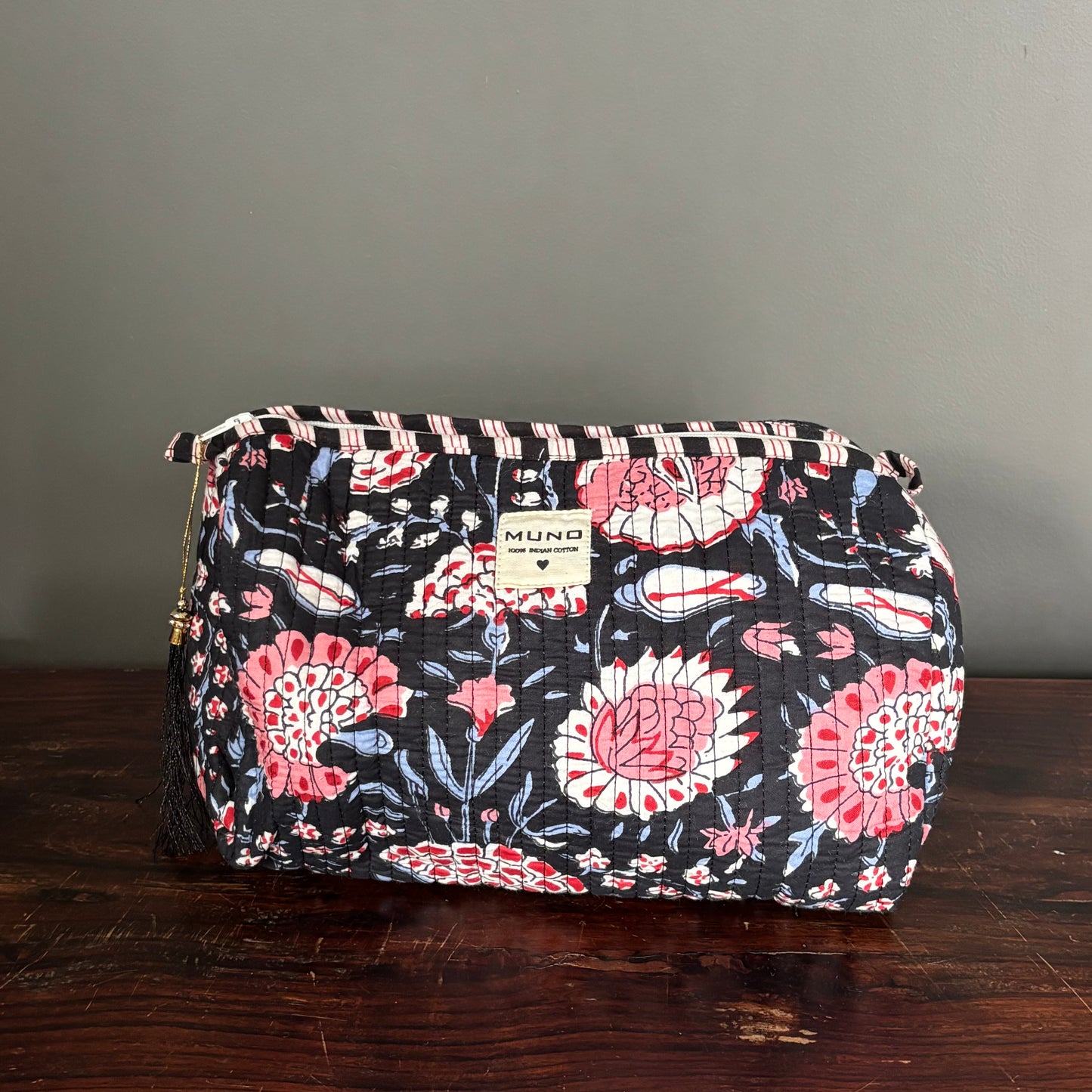 Blue Cotton Toiletry Pouch - Flowered