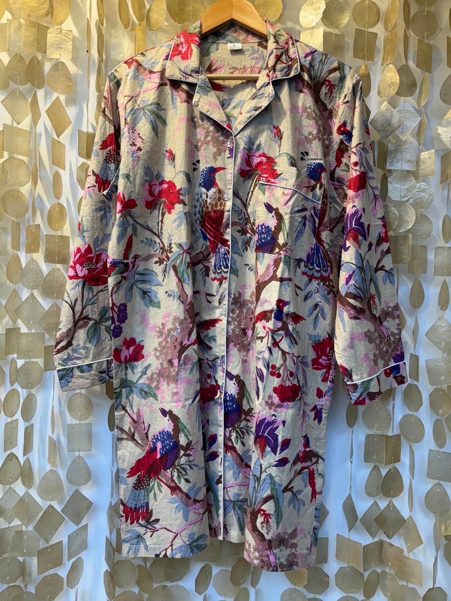 Light Green Flowers and Birds Indian Cotton Sleeping Dress