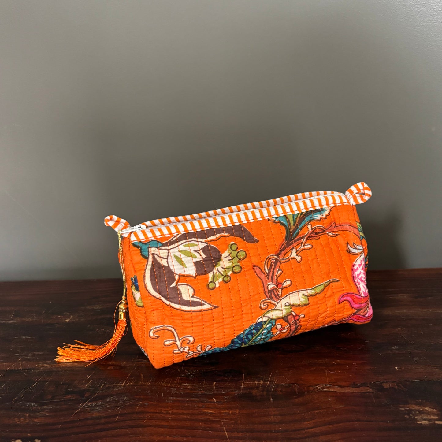 Orange Cotton Toiletry Pouch - Flowered