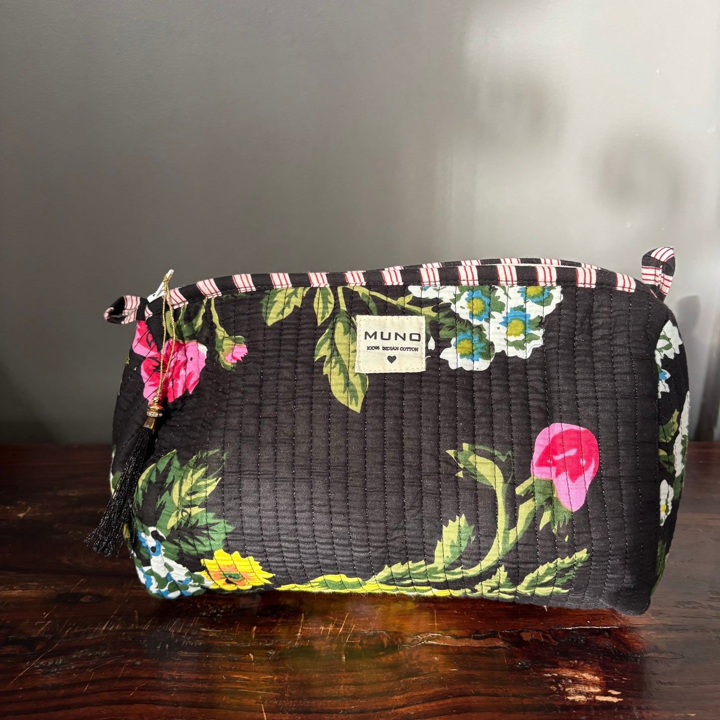 Black Cotton Toiletry Pouch - Flowered