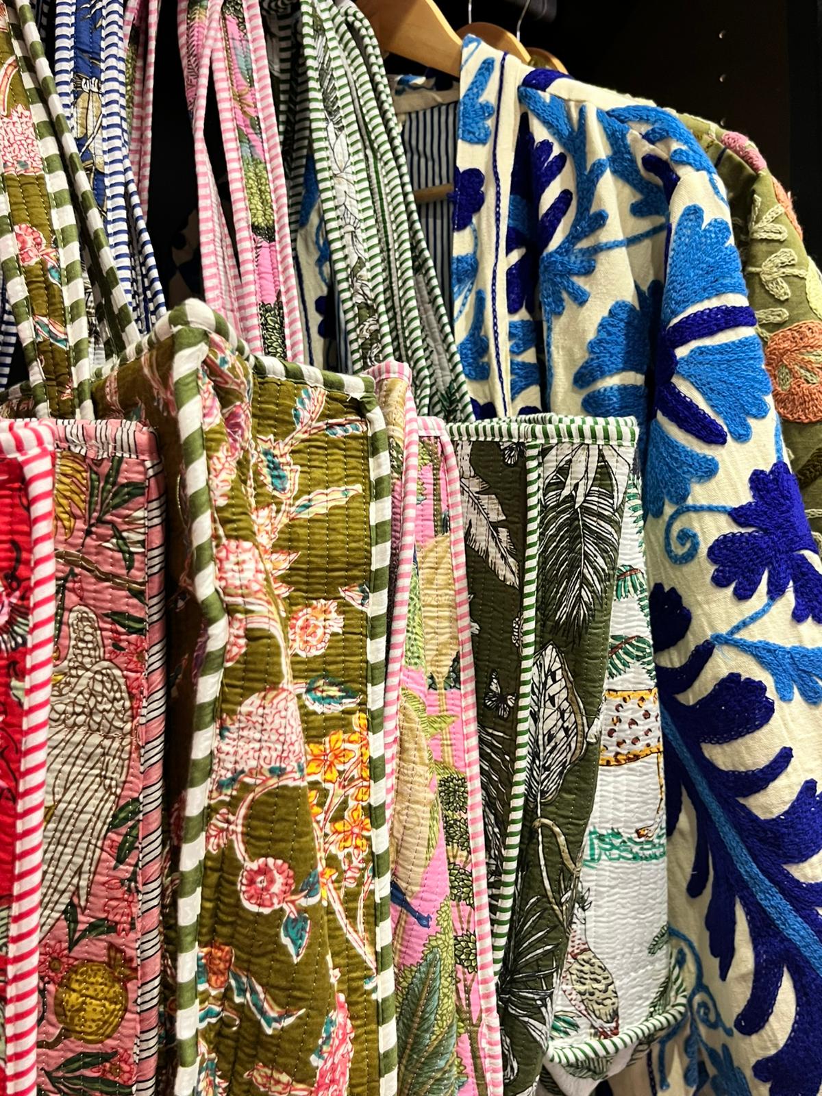 Quilted Kakhi Flowered Cotton Tote Bag