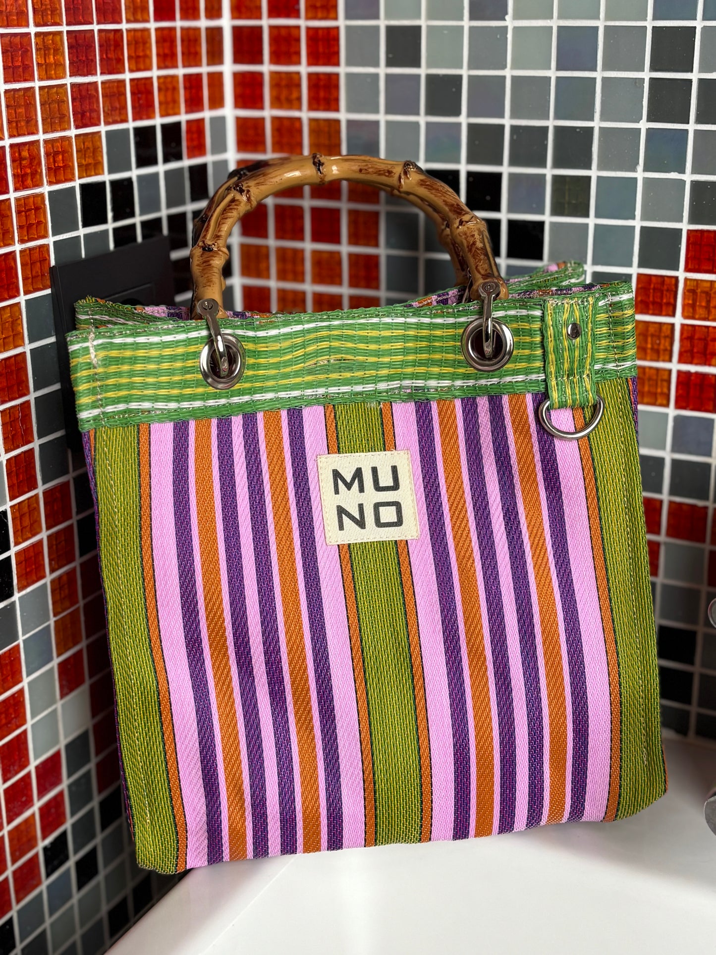 Nylon Mini Tote with Bamboo Handle - Lime Zest