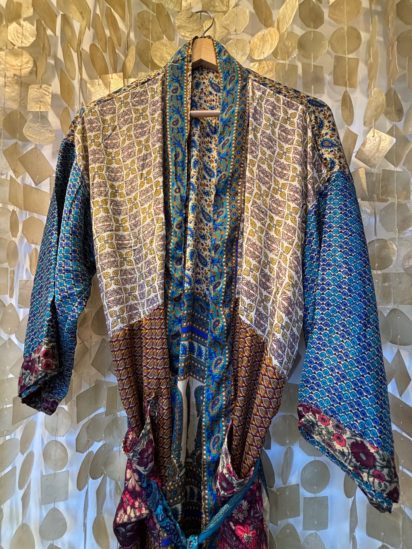 Silk Patchwork Kimono Robe – Blue Mix