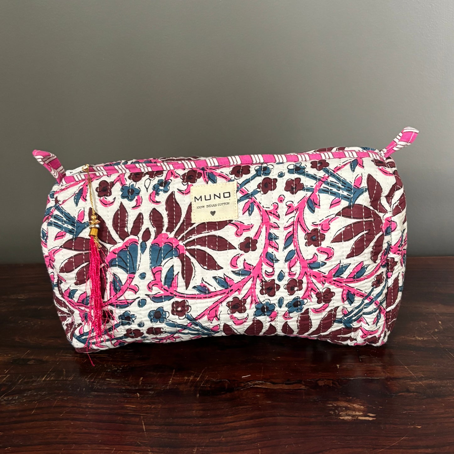 White Cotton Toiletry Pouch - Flowered
