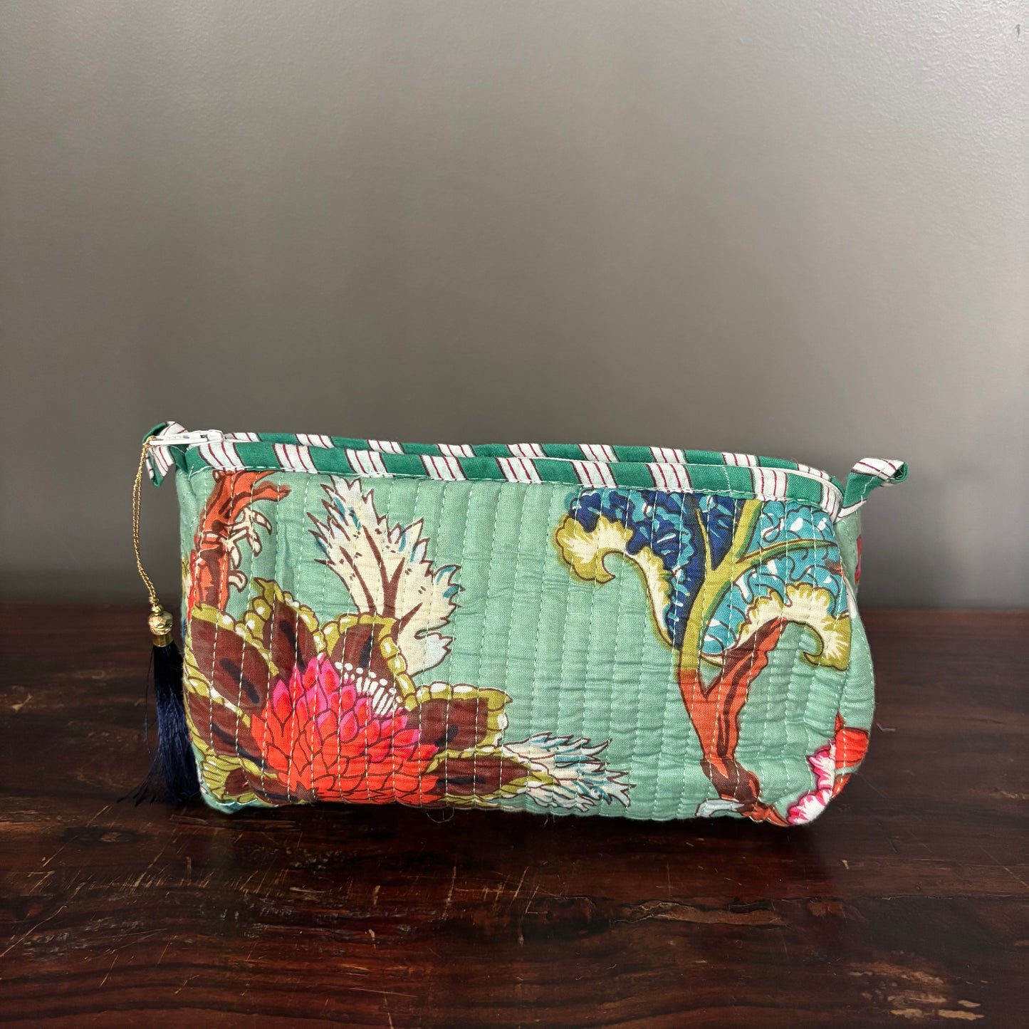 Water Green Cotton Toiletry Pouch - Flowered