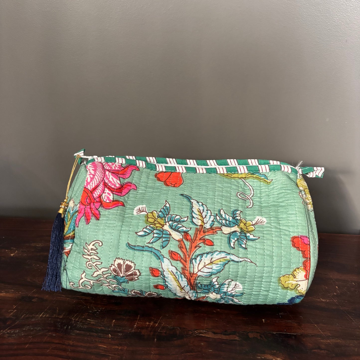 Water Green Cotton Toiletry Pouch  - Flowered