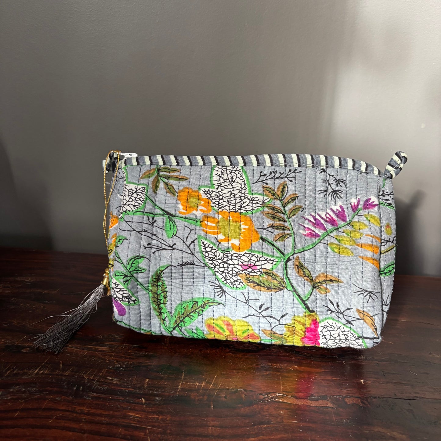 Grey Cotton Toiletry Pouch  - Flowers