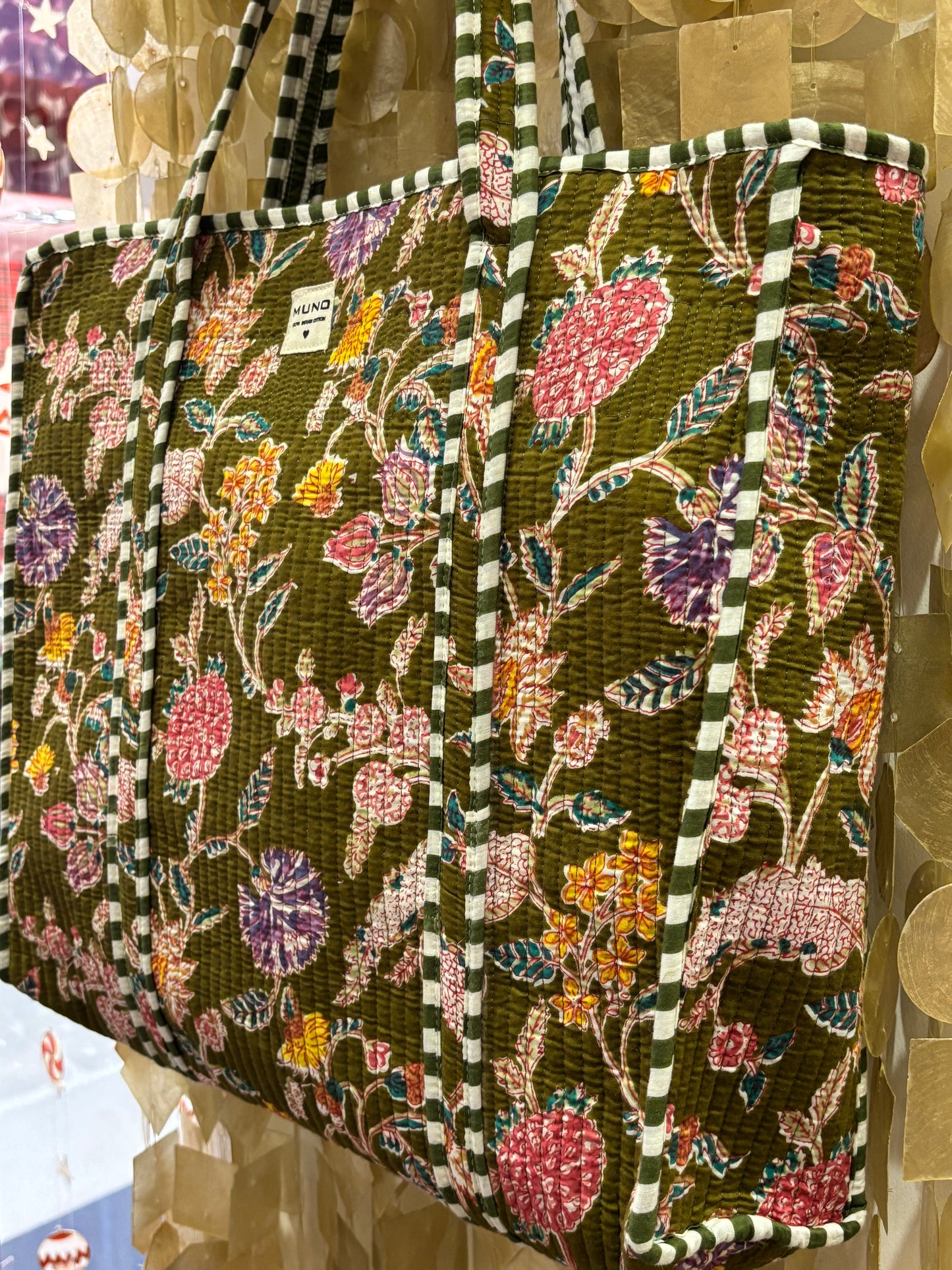 Quilted Kakhi Flowered Cotton Tote Bag