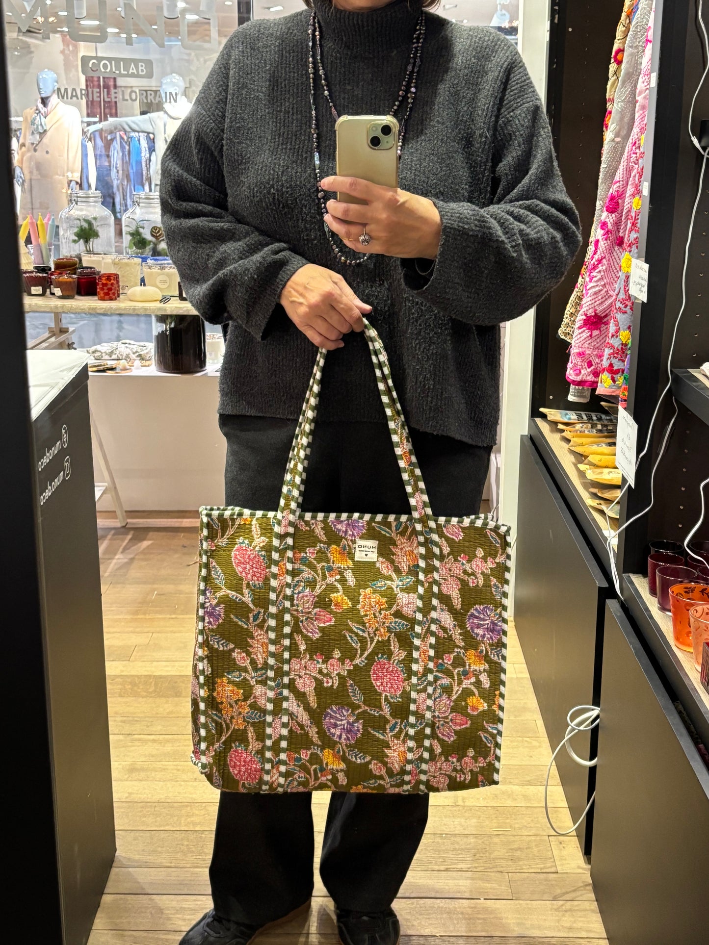 Quilted Kakhi Flowered Cotton Tote Bag