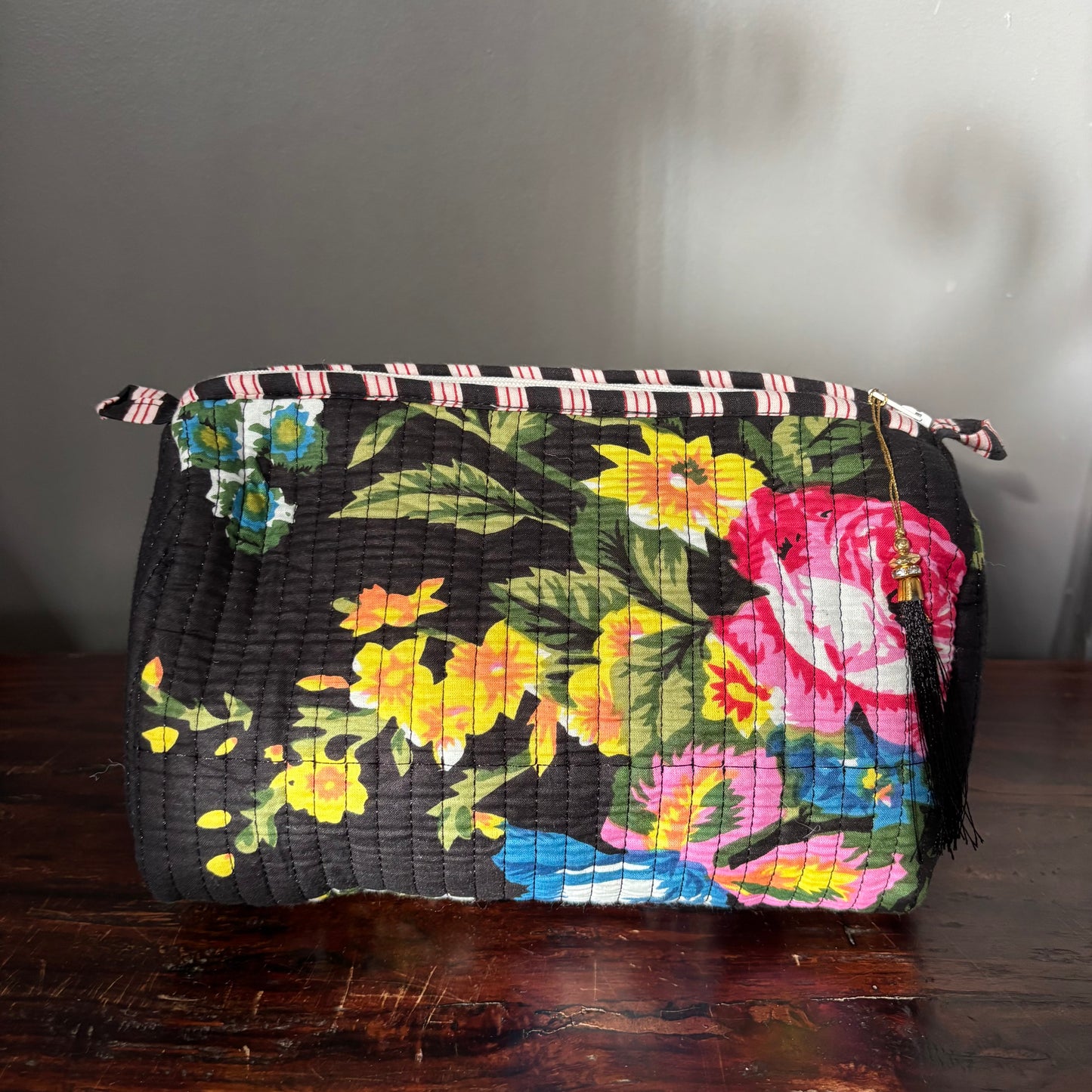 Black Cotton Toiletry Pouch  - Flowered
