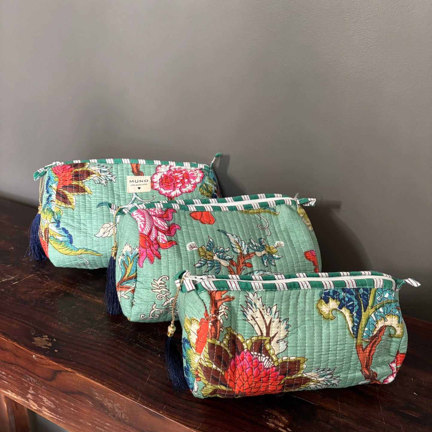 Water Green Cotton Toiletry Pouch  - Flowered