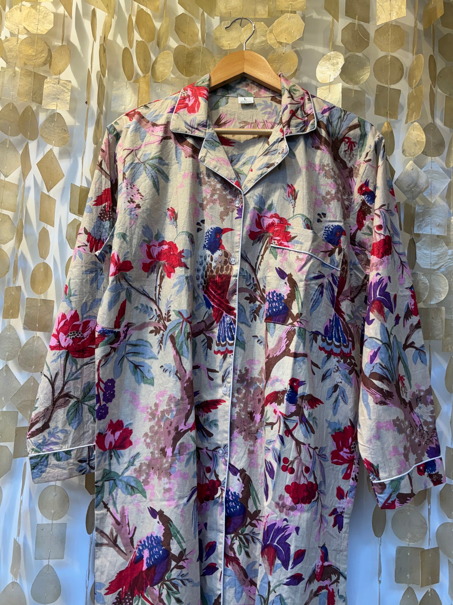 Light Green Flowers and Birds Indian Cotton Sleeping Dress