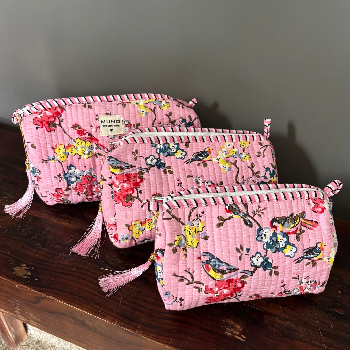 Pink Cotton Toiletry Pouch  - Birds