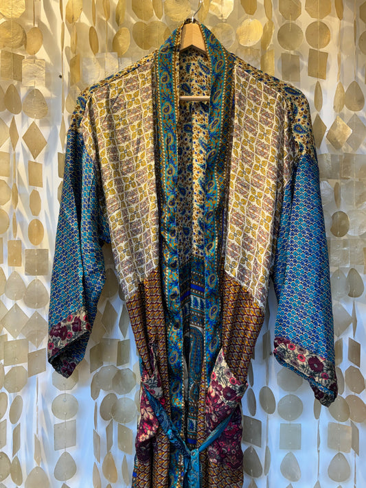 Silk Patchwork Kimono Robe – Blue Mix