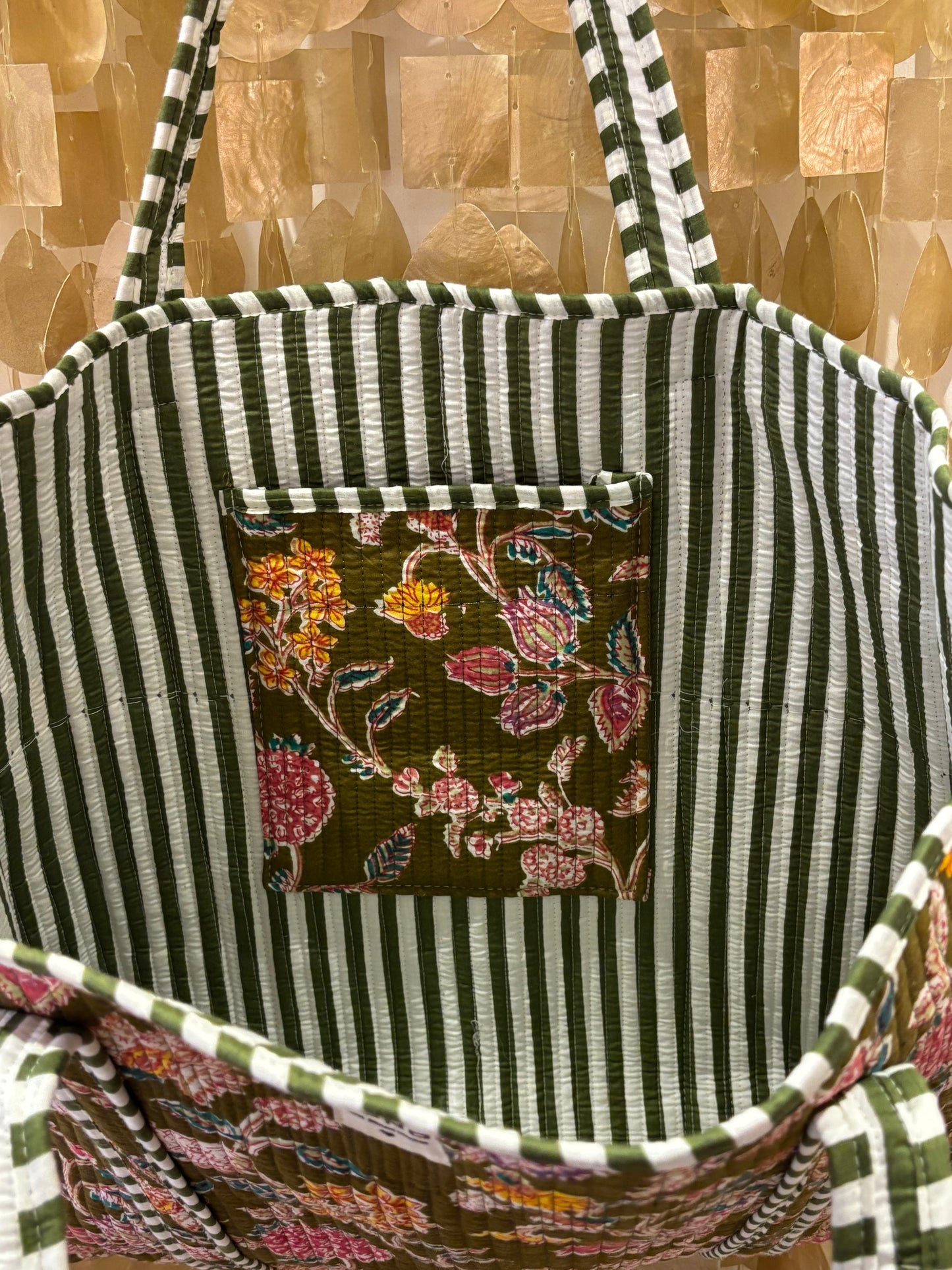 Quilted Kakhi Flowered Cotton Tote Bag