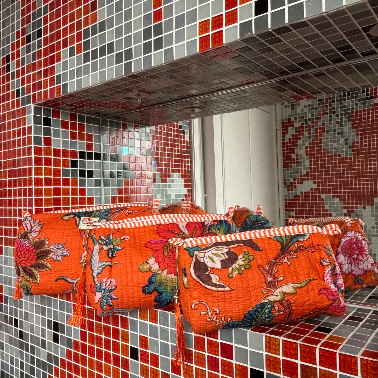 Orange Cotton Toiletry Pouch  - Flowered