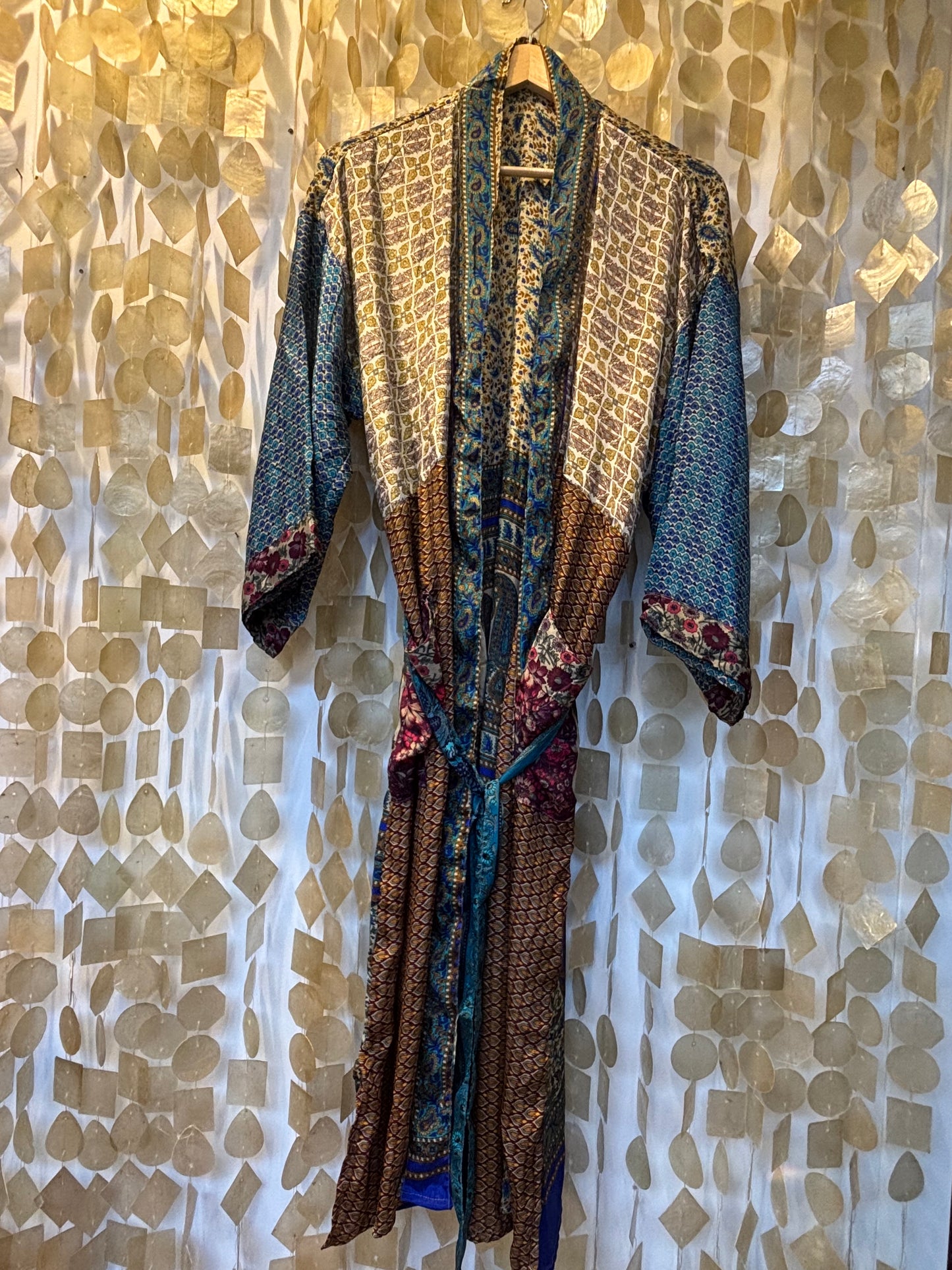 Silk Patchwork Kimono Robe – Blue Mix