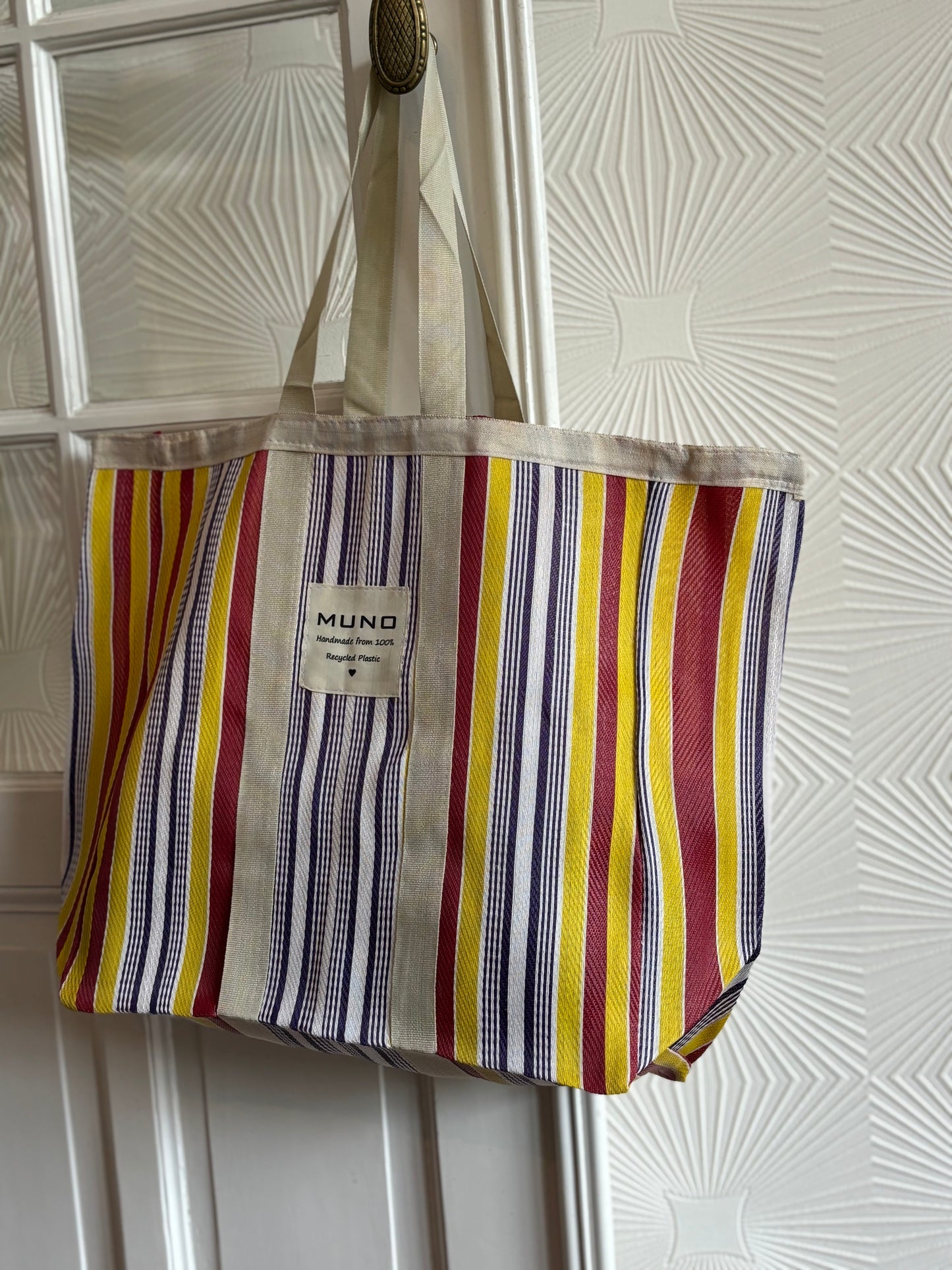 Handmade Recycled Nylon Shopping Bag - Dark Blue Red & Yellow