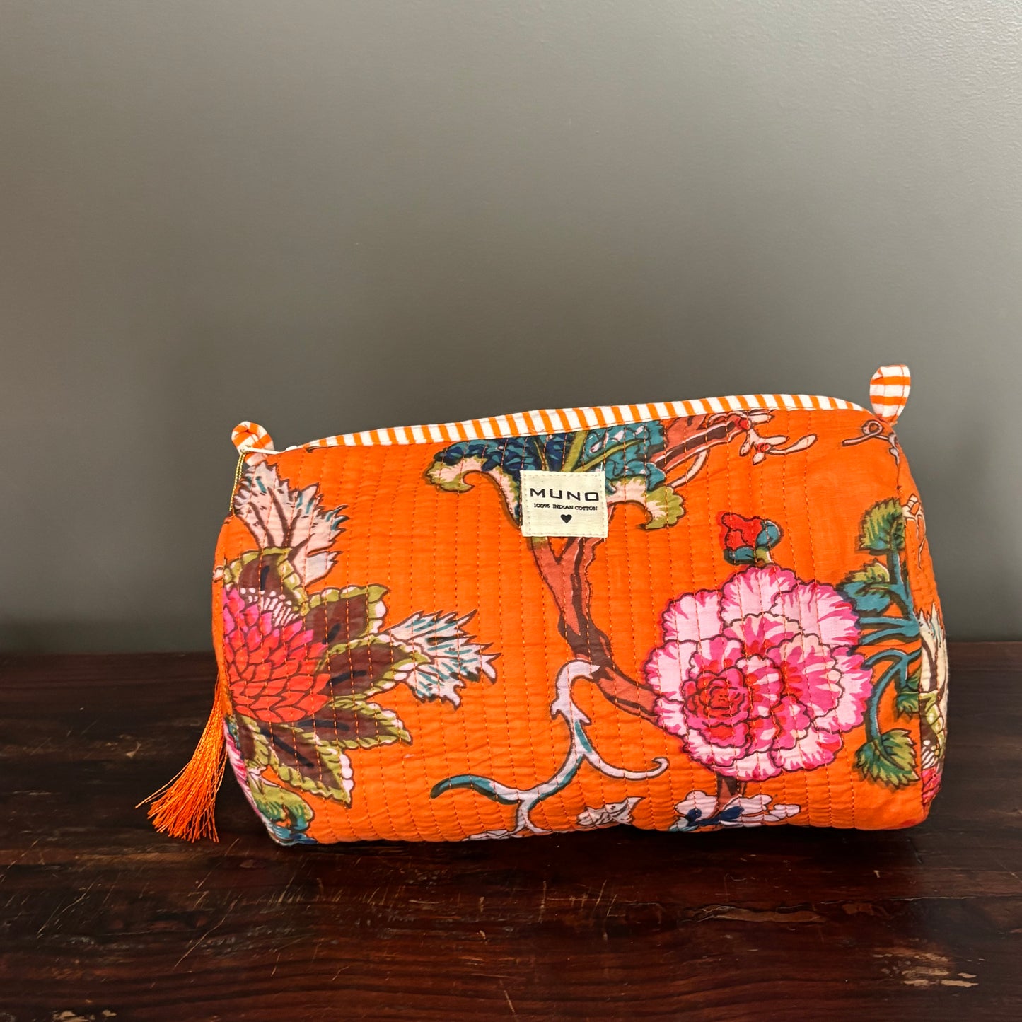 Orange Cotton Toiletry Pouch  - Flowered