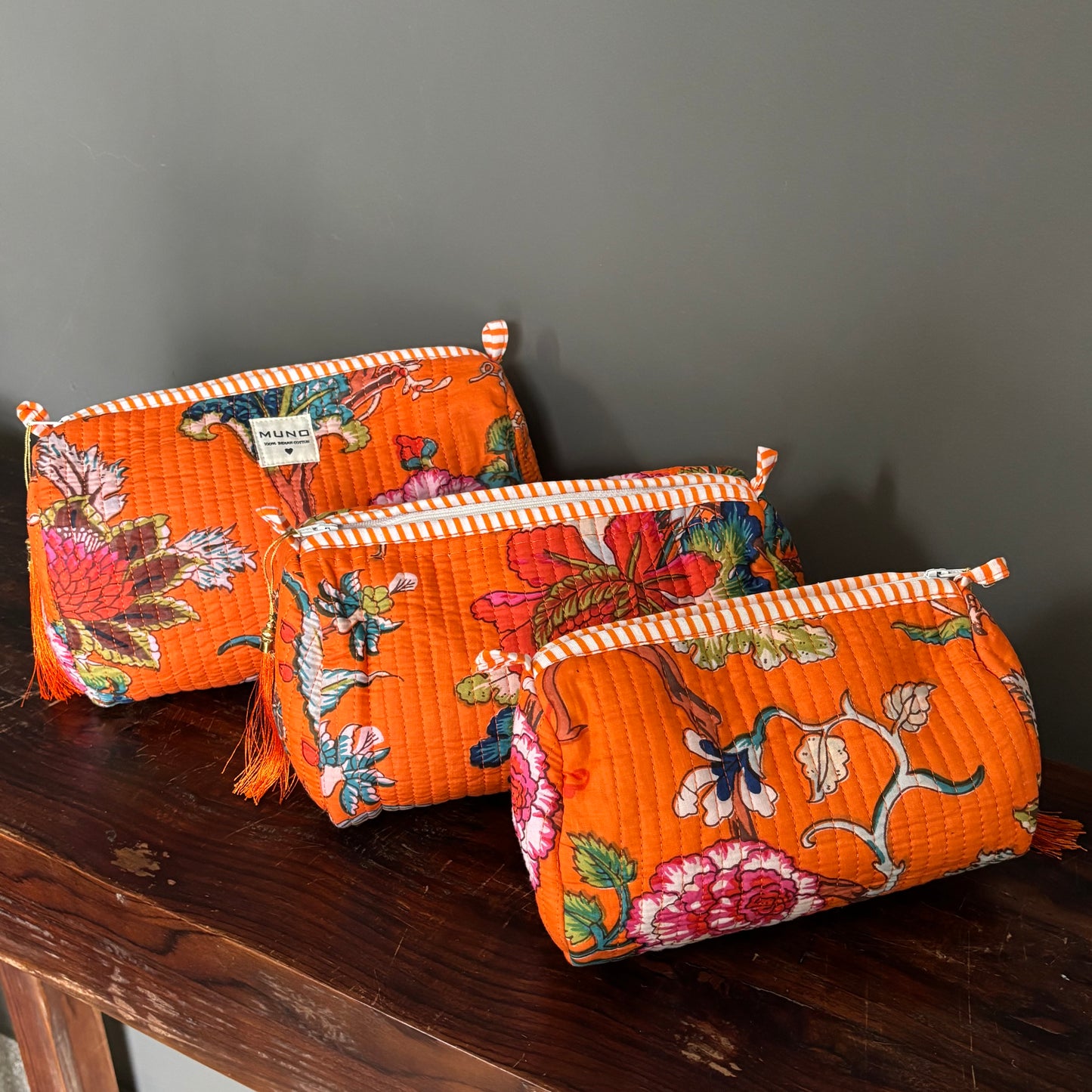 Orange Cotton Toiletry Pouch  - Flowered