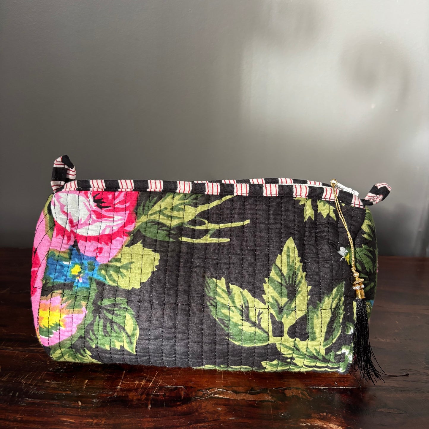 Black Cotton Toiletry Pouch  - Flowered