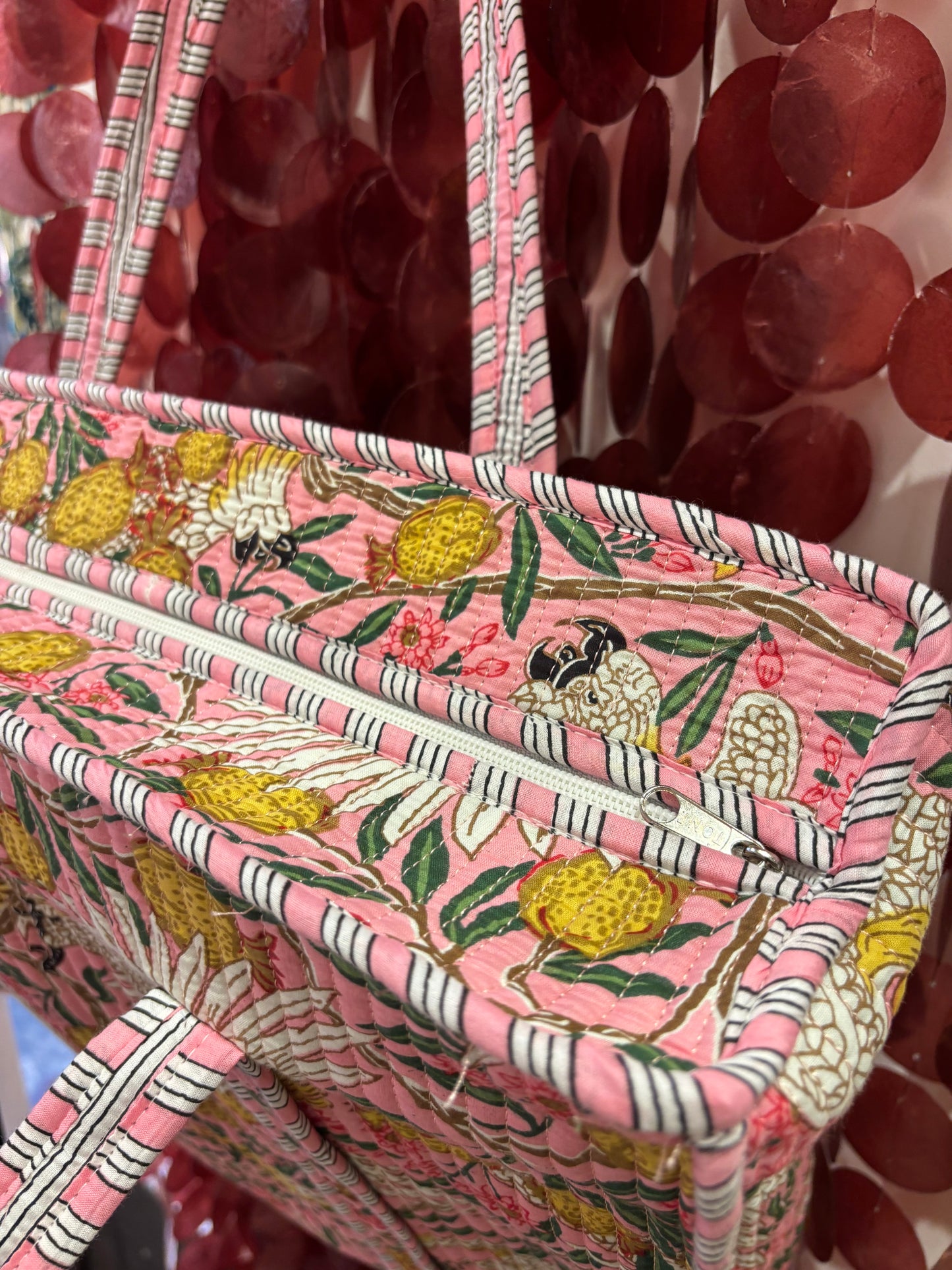 Quilted Pink Cranes Cotton Tote Bag with zip