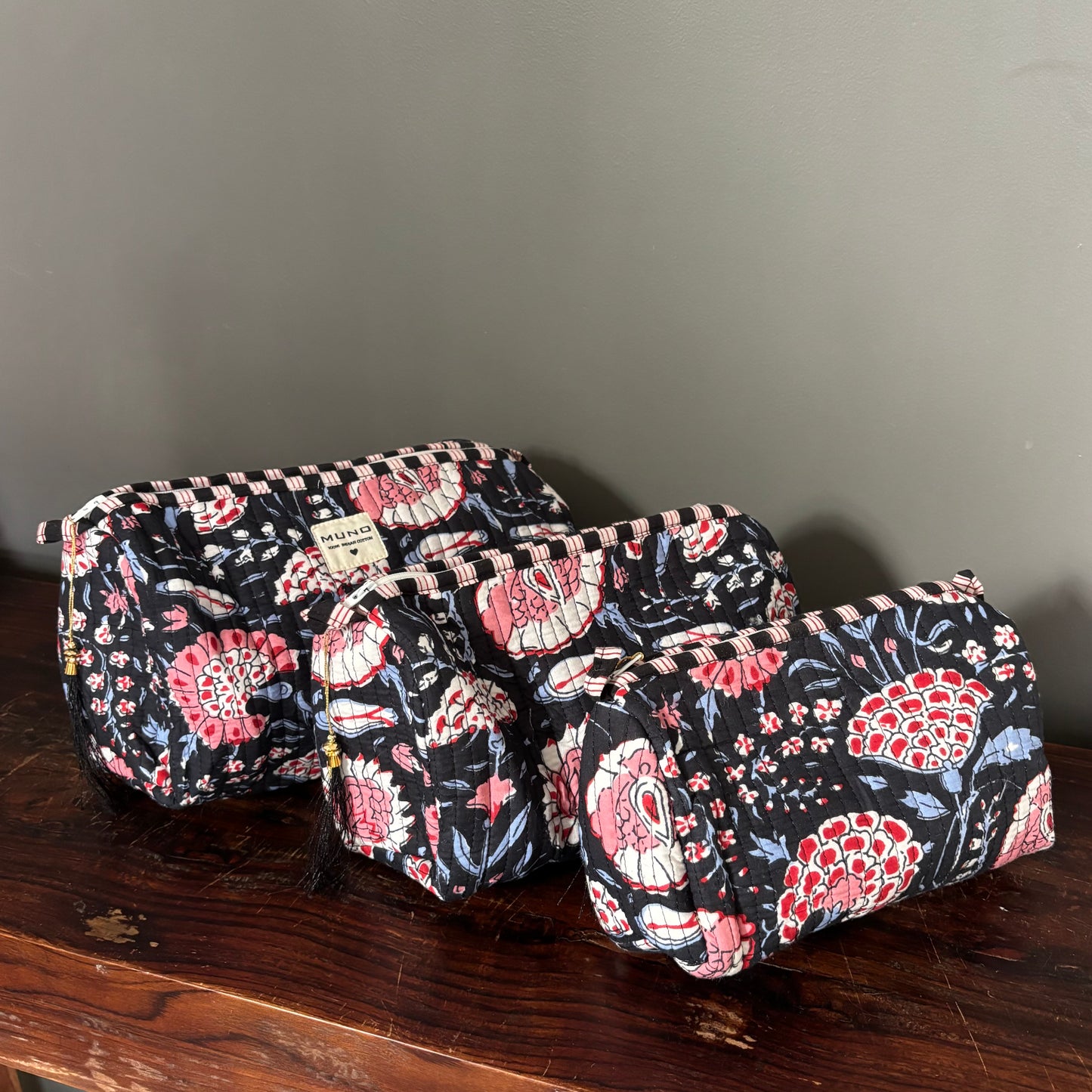 Blue Cotton Toiletry Pouch  - Flowered