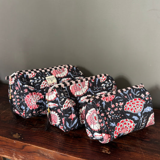 Blue Cotton Toiletry Pouch  - Flowered