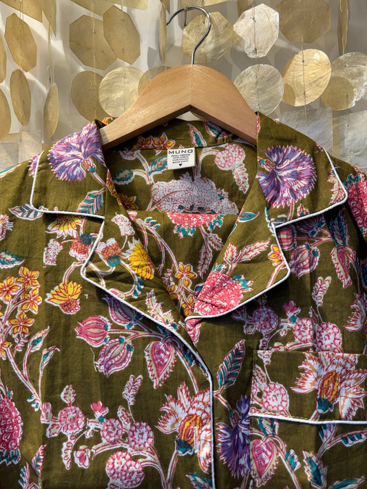 Kakhi Flowered Indian Cotton Pyjama Set