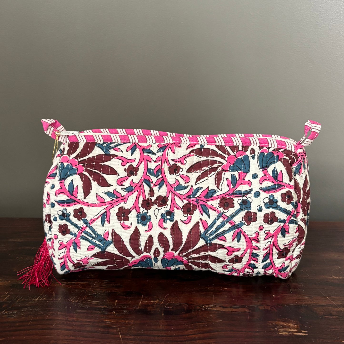White Cotton Toiletry Pouch  - Flowered
