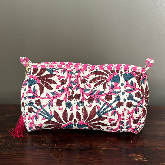 White Cotton Toiletry Pouch  - Flowered