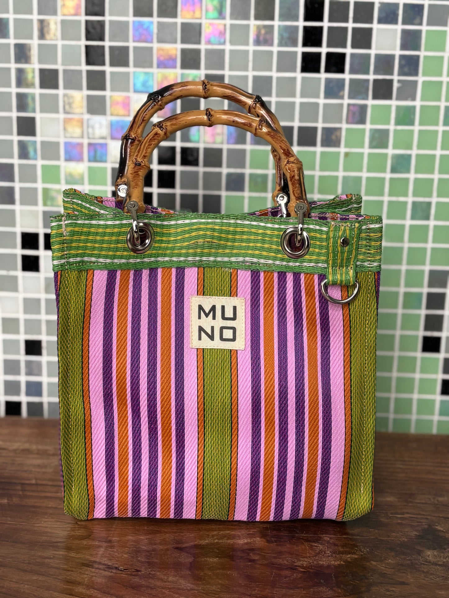 Nylon Mini Tote with Bamboo Handle - Lime Zest