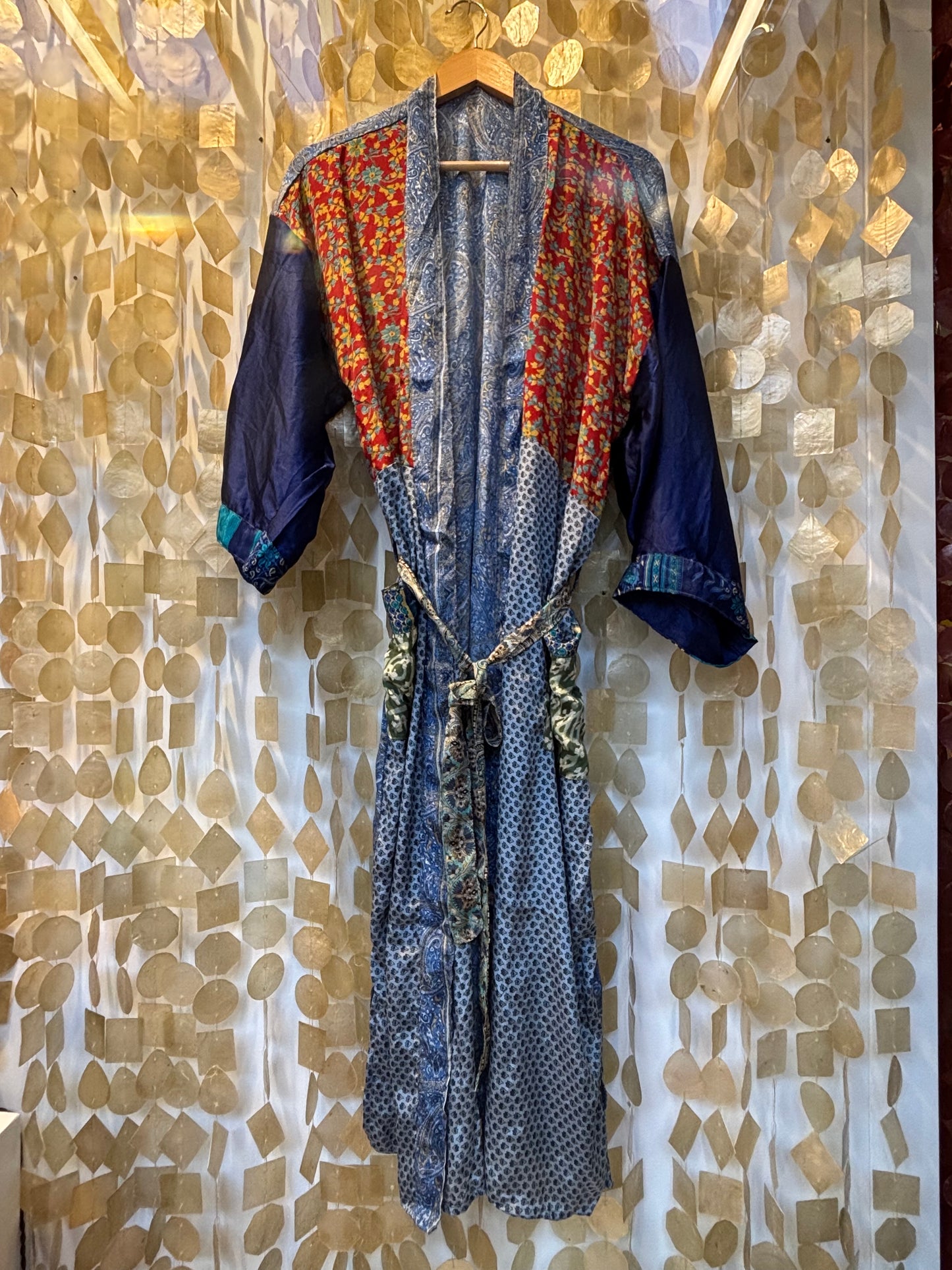 Silk Patchwork Kimono Robe – Red Blue