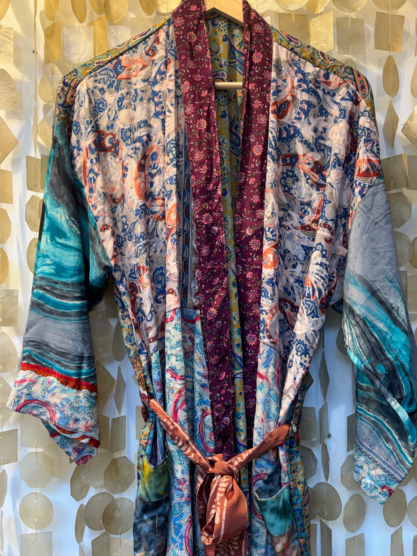 Silk Patchwork Kimono Robe – Blue Waves