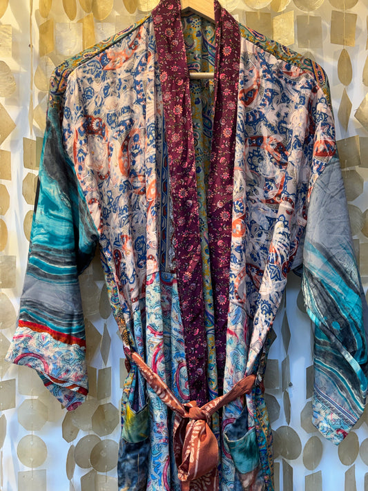 Silk Patchwork Kimono Robe – Blue Waves