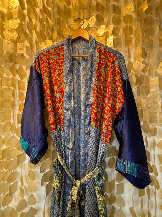 Silk Patchwork Kimono Robe – Red Blue