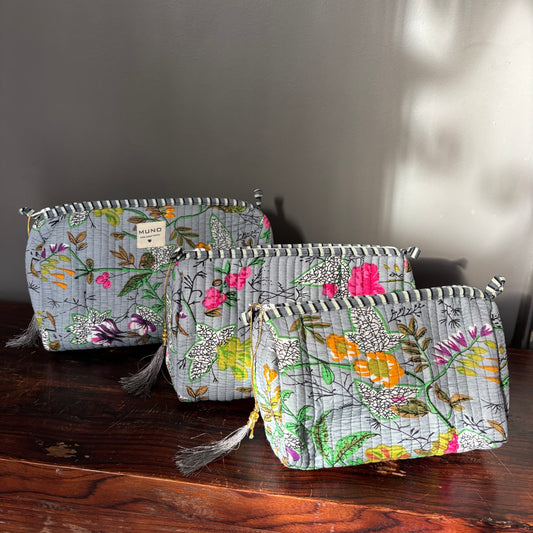 Grey Cotton Toiletry Pouch  - Flowers