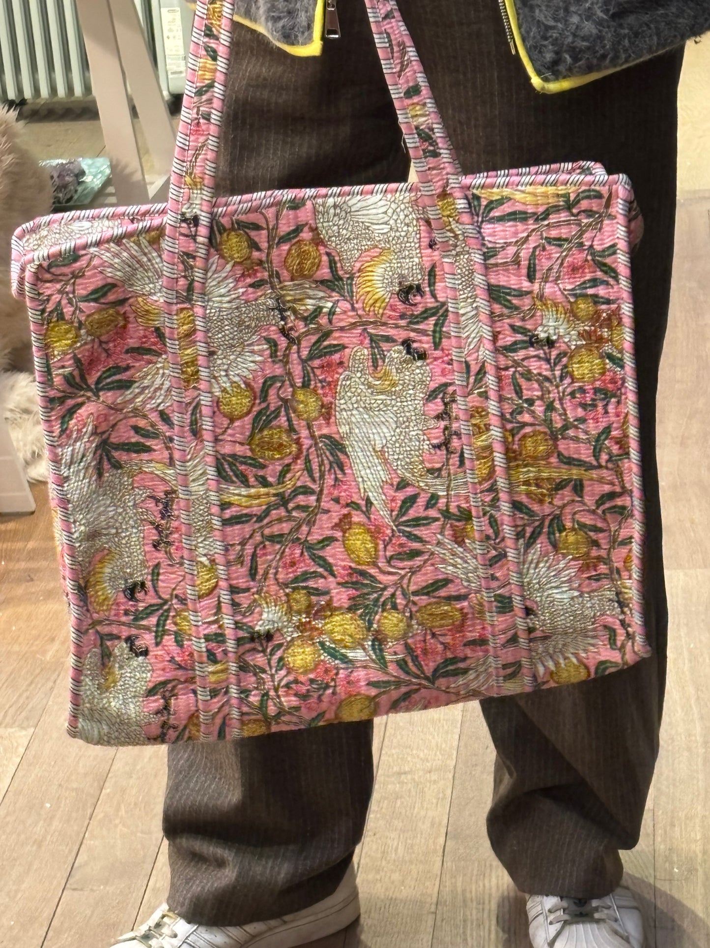 Quilted Pink Cranes Cotton Tote Bag with zip