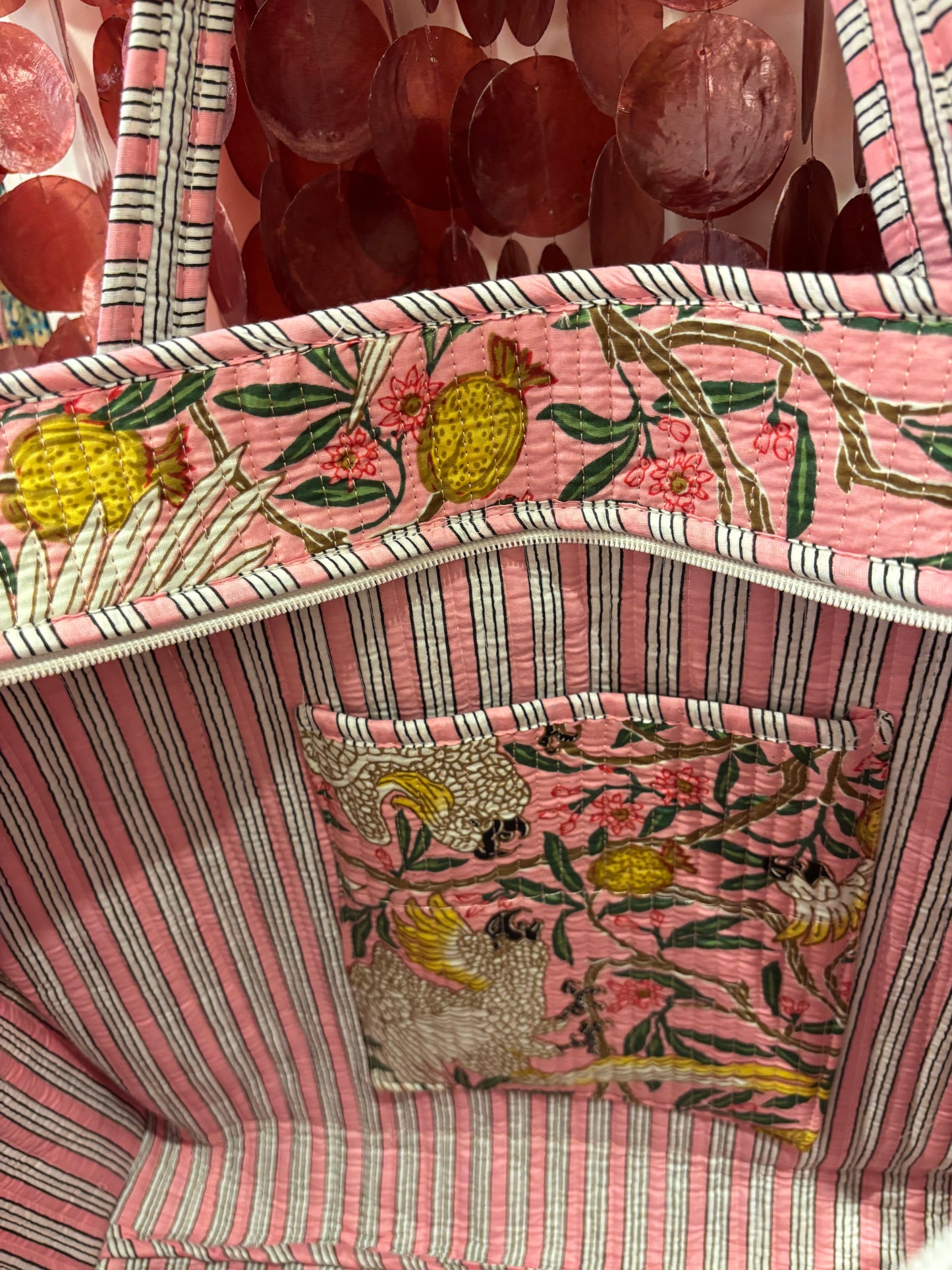 Quilted Pink Cranes Cotton Tote Bag with zip