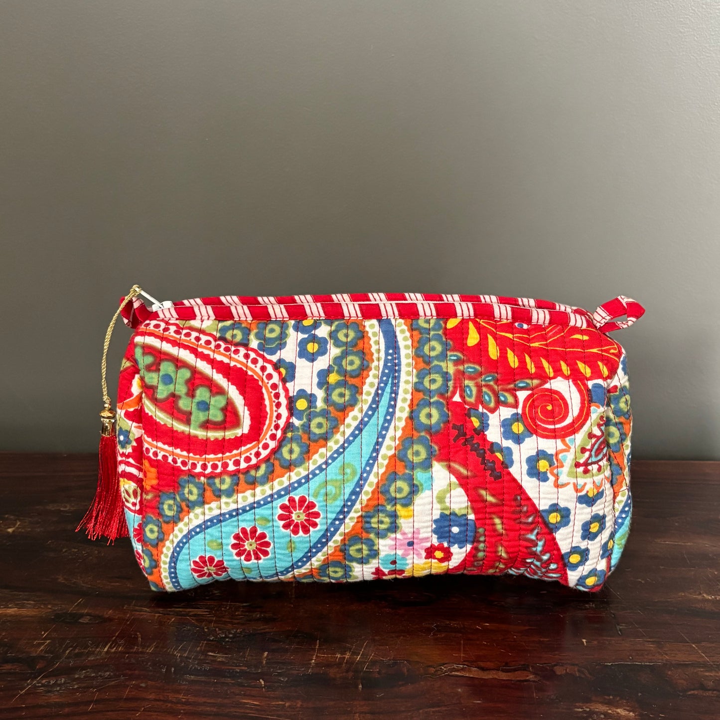 Red Cotton Toiletry Pouch  - Paisley