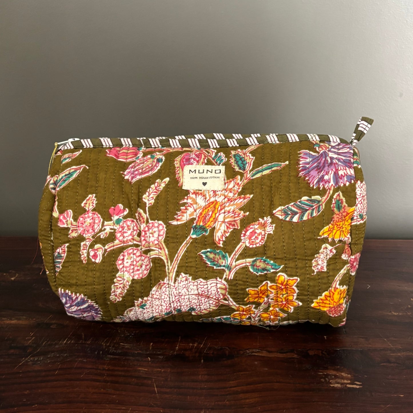 Khaki￼ Cotton Toiletry Pouch  - Flowered
