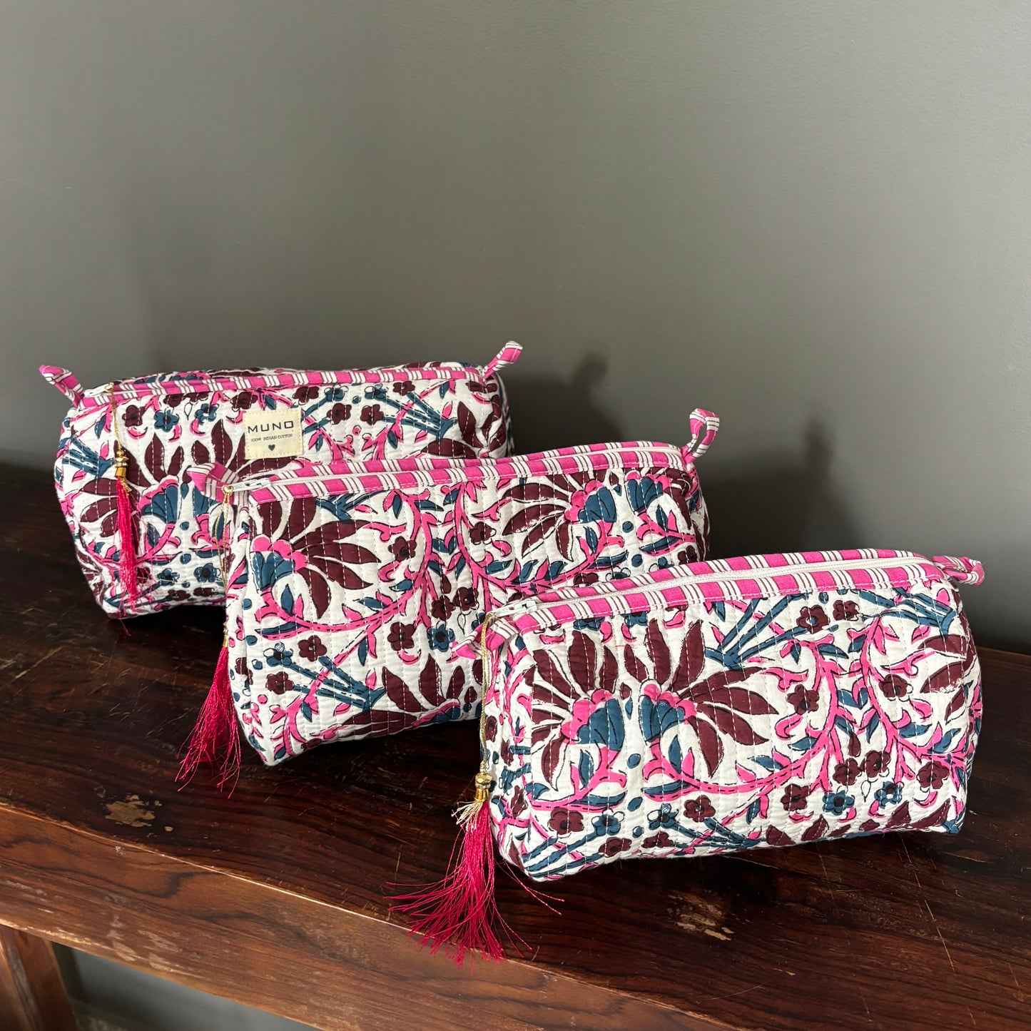 White Cotton Toiletry Pouch  - Flowered