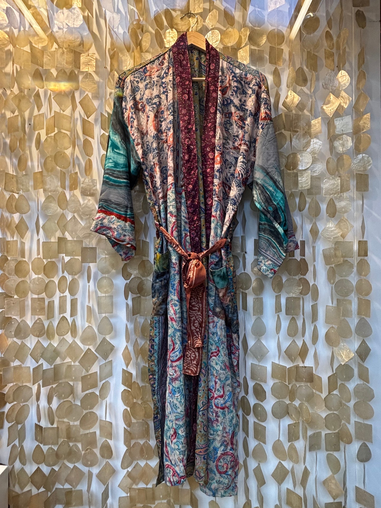 Silk Patchwork Kimono Robe – Blue Waves