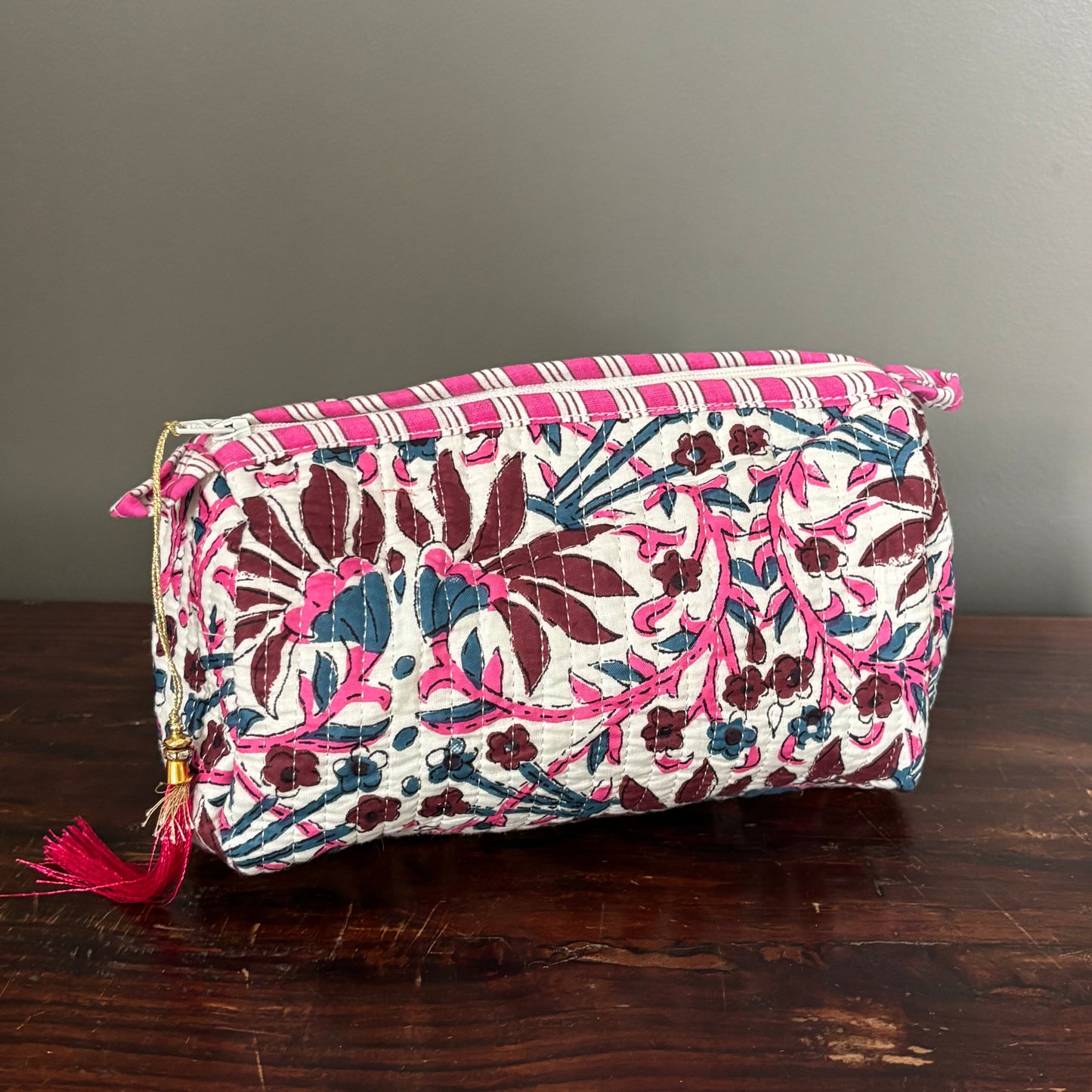White Cotton Toiletry Pouch  - Flowered