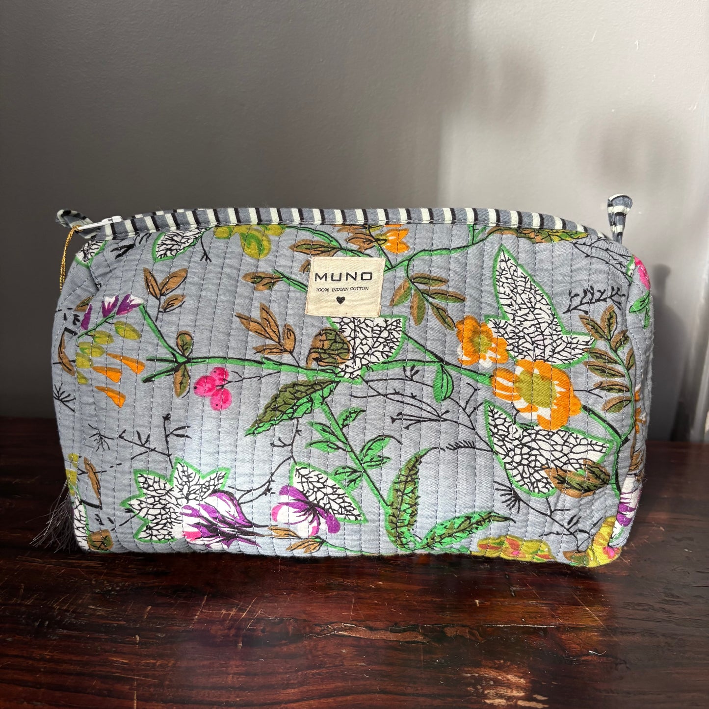 Grey Cotton Toiletry Pouch  - Flowers
