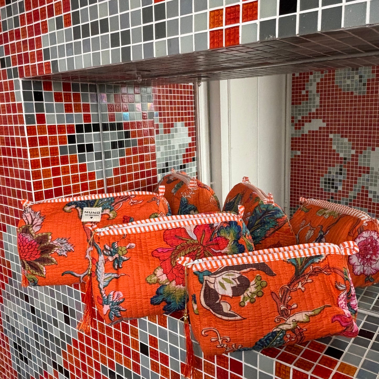 Orange Cotton Toiletry Pouch  - Flowered