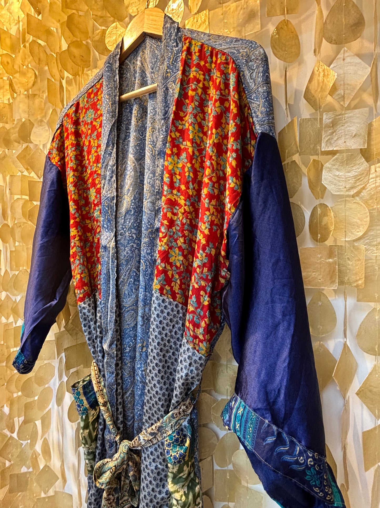 Silk Patchwork Kimono Robe – Red Blue
