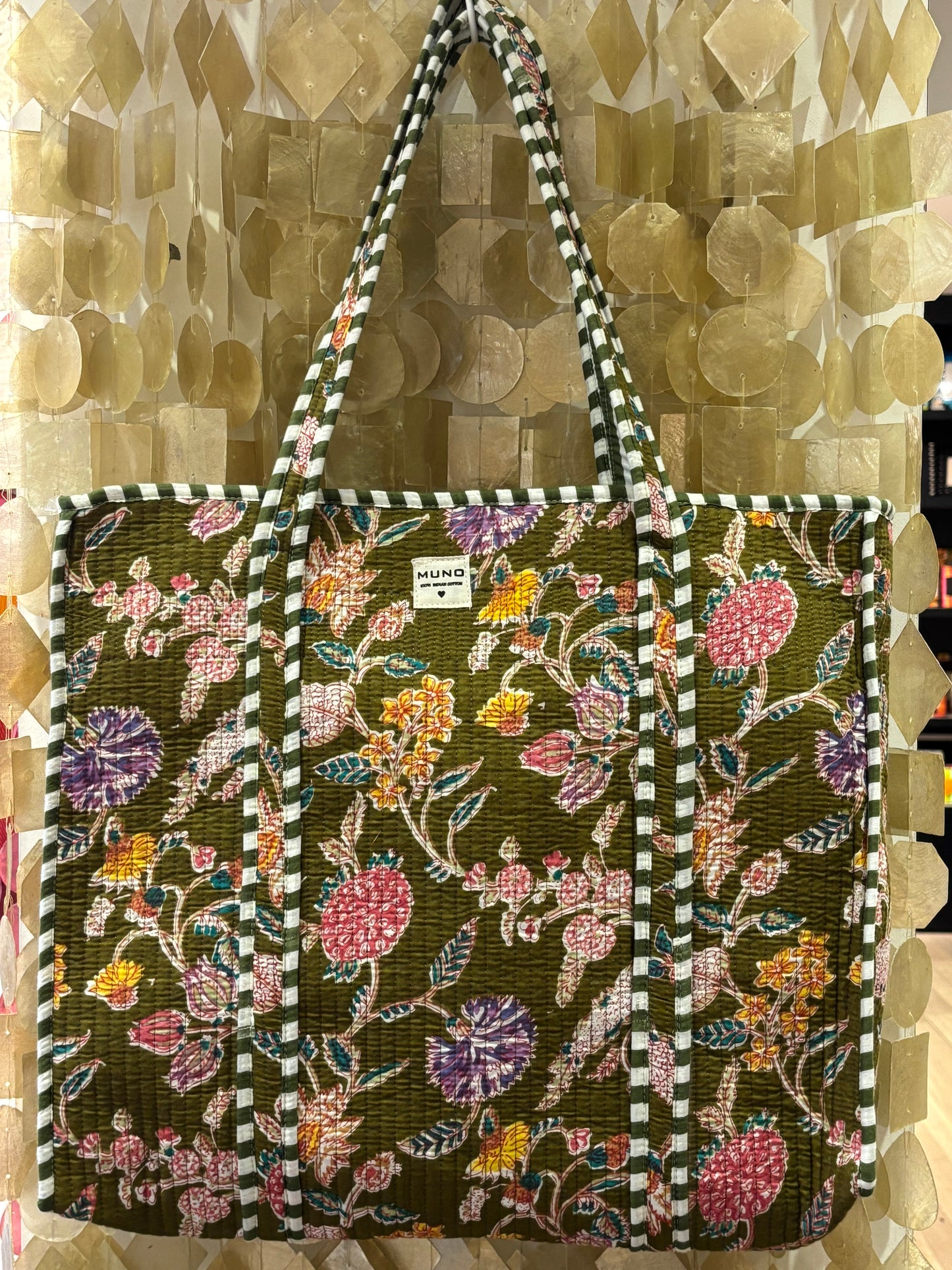 Quilted Kakhi Flowered Cotton Tote Bag