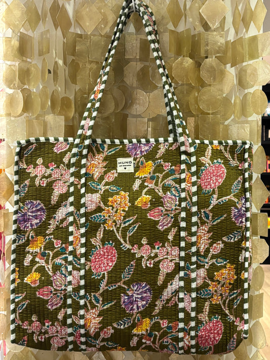 Quilted Kakhi Flowered Cotton Tote Bag